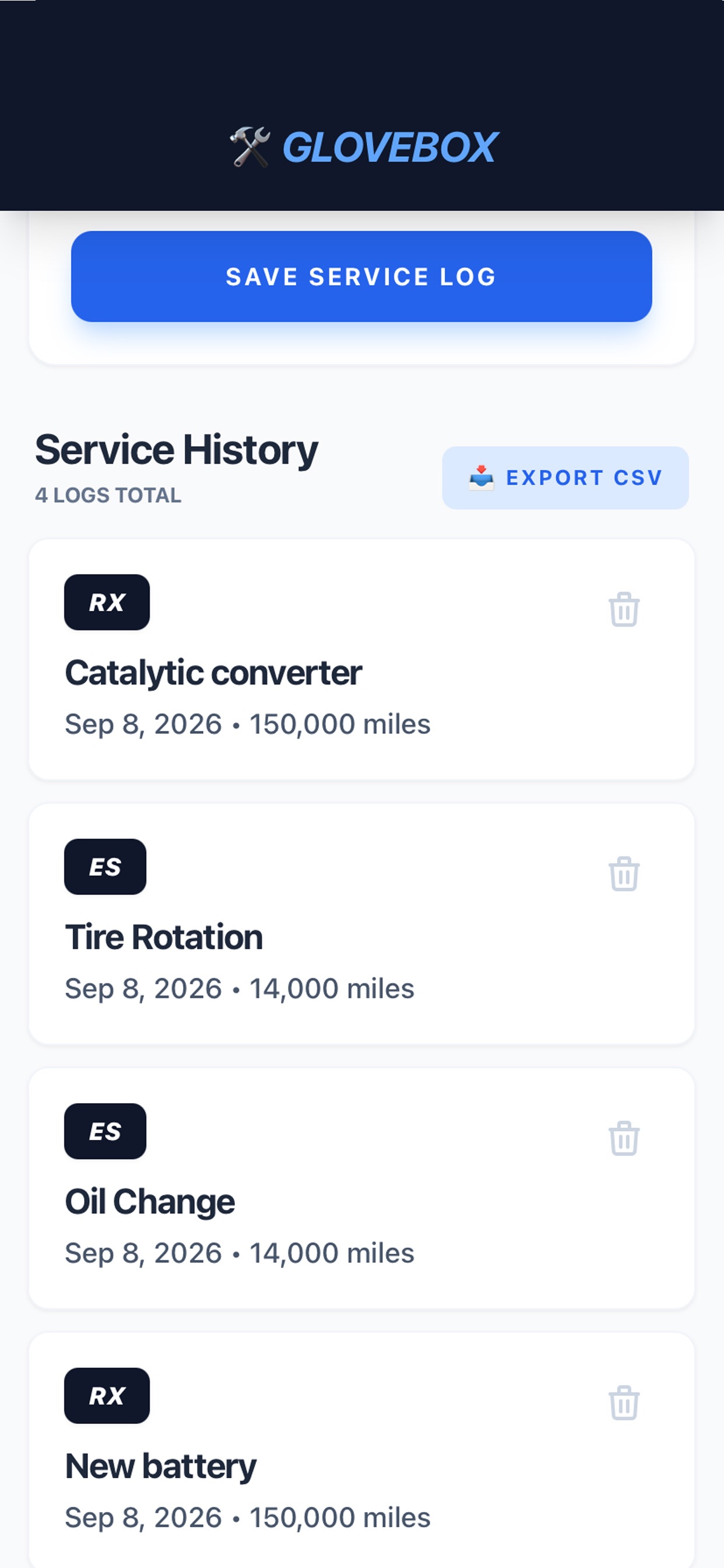 Screenshot 1 of GloveBox - Car Care Log