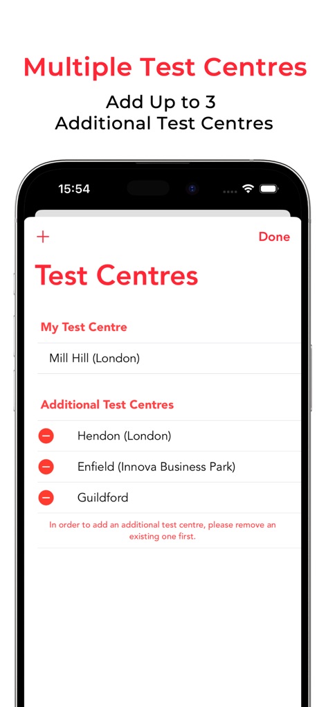 Testi Driving Cancellations UK - Users can broaden their search by adding multiple test centres, with a dedicated list for 'My Test Centre' and 'Additional Test Centres'.
