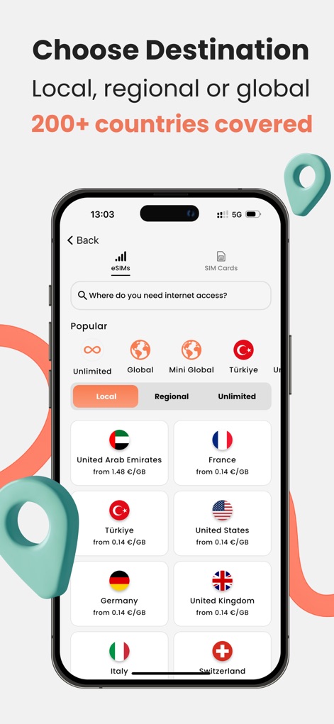 BNESIM: 5G eSIM Data profiles - ユーザーは、世界200カ国以上に対応したeSIMの利用国を選択できます。地域別または国別の選択肢と、各国ごとのデータ料金が表示されています。