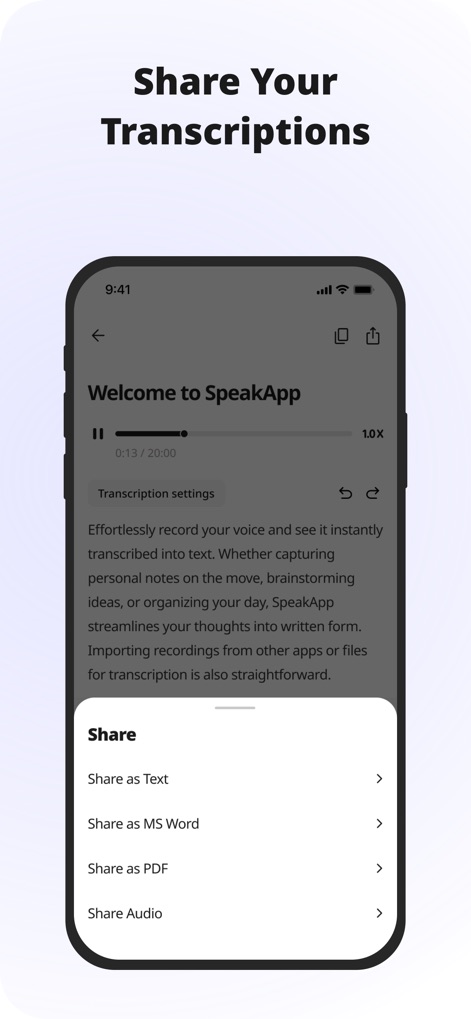 SpeakApp AI: Voice Notes - Discover the app's efficient sharing capabilities, offering various formats such as MS Word and PDF for convenient distribution of transcriptions.