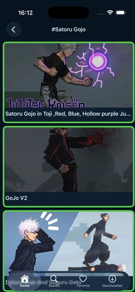 Mods For Melon Playgrounds! - この画面では、人気アニメ「呪術廻戦」から「Satoru Gojo in Toji ,Red, Blue, Hollow purple Ju...」といった複数の五条悟モッドが紹介されており、「GoJo V2」のような異なるバリエーションも利用可能です。