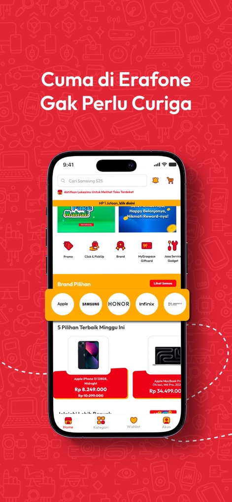 erafone - この画面には、AppleやSamsungなど人気の「Brand Pilihan」セクションが設けられており、ユーザーは「5 Pilihan Terbaik Minggu Ini」で週ごとの厳選商品リストを閲覧できます。