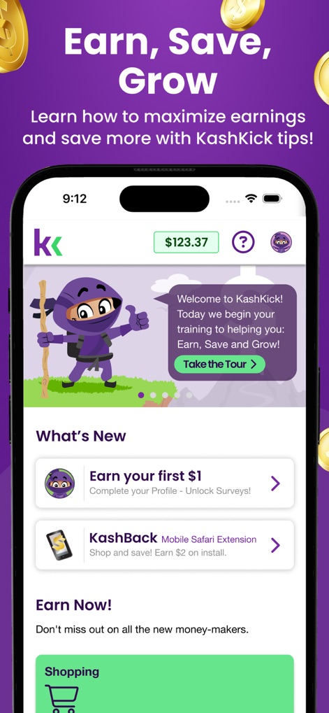 KashKick: Get paid to have fun - Explore the app's intuitive layout, showcasing the active balance display and the welcoming tutorial message for new users.