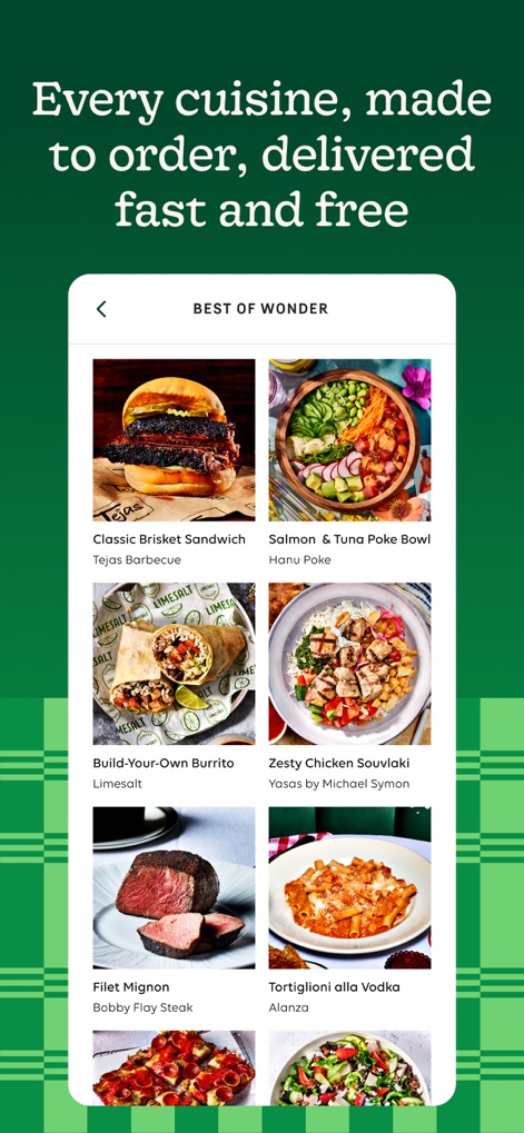 Wonder: Food Delivery - The app showcases a vibrant selection of prepared meals, from a 'Classic Brisket Sandwich' to 'Salmon & Tuna Poke Bowl', emphasizing the breadth of available cuisines.