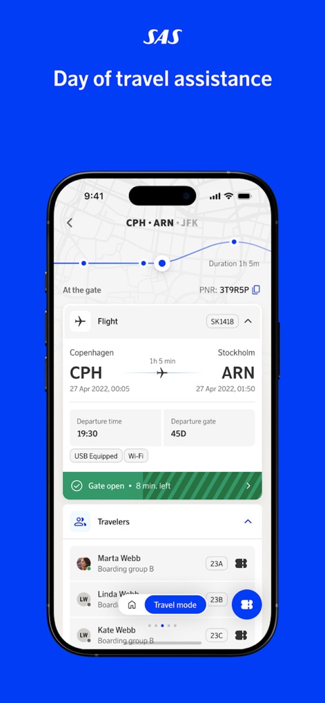 SAS – Scandinavian Airlines - The app offers crucial day-of-travel assistance, displaying live gate information for CPH to ARN and a detailed list of "Travelers" with seat assignments.