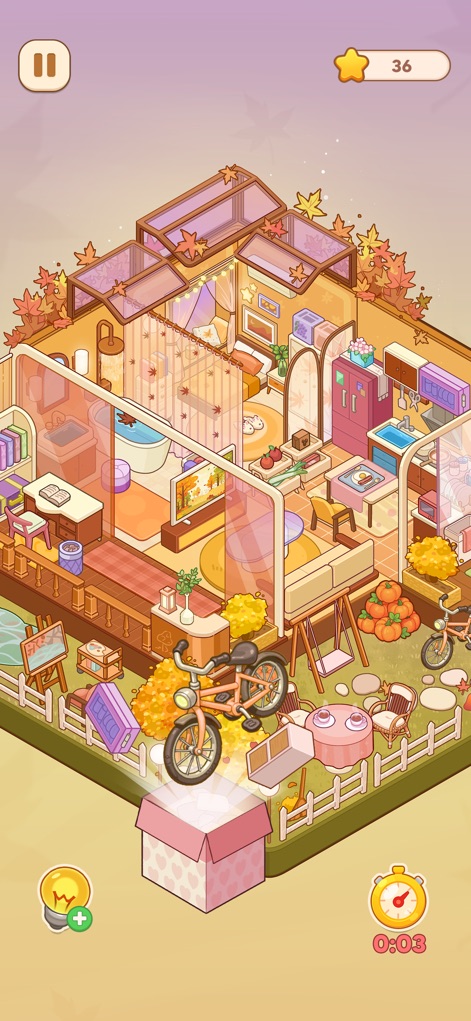 My Perfect Home: Design Game - このアプリでは、紅葉の飾り付けが施された居心地の良い空間や、リラックスできる屋外パティオを備えた暖かな秋の住まいをデザインできます。