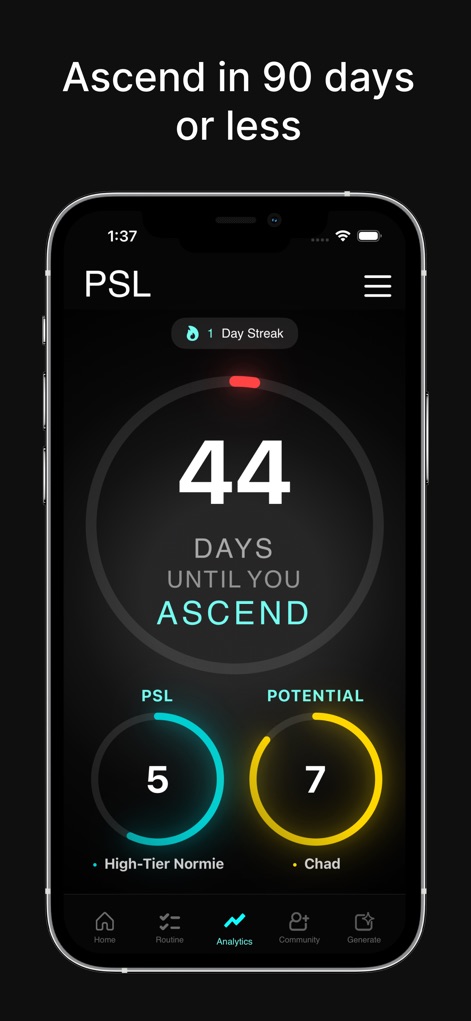 PSL - Looksmax & Ascend - Users can monitor their transformation journey with a prominent 'DAYS UNTIL YOU ASCEND' countdown and circular progress indicators for 'PSL' and 'Potential'.