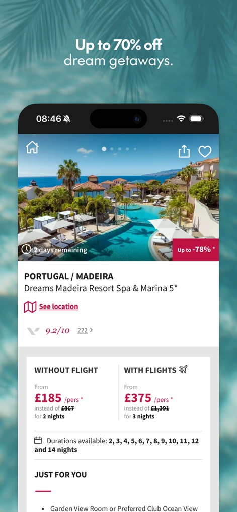 Voyage Prive: Holidays/Hotels - La aplicación presenta las ofertas en detalle, mostrando un carrusel de imágenes del destino, como Madeira, y una sección clara de precios que desglosa las opciones con y sin vuelos.