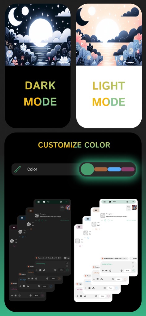 Clever AI Hub - Pro AI Agents - The app provides extensive personalization options, allowing users to switch between Dark Mode and Light Mode and customize accent colors for a tailored experience.