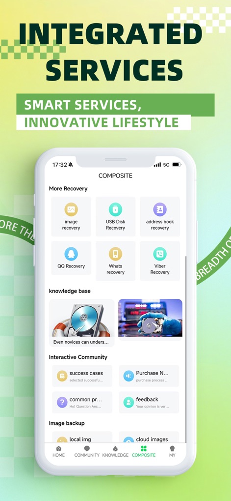 Quick extreme recovery - A seção "COMPOSITE" (Composto) consolida diversas ferramentas, desde "image recovery" (recuperação de imagem) até "USB Disk Recovery" (recuperação de disco USB), centralizando as opções de serviço.