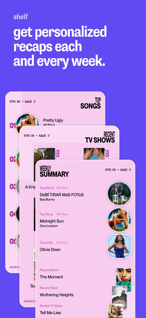 Shelf: music, books, movies - This tool provides personalized weekly summaries, clearly highlighting "Top Album" and "Recent Movie" sections, offering users a concise overview of their media consumption trends.