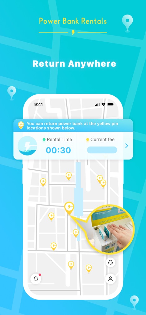 CHARGESPOT 自助租借移動電源 - Users can easily identify power bank return locations on the interactive map and track their 'Rental Time' and 'Current fee' during use.