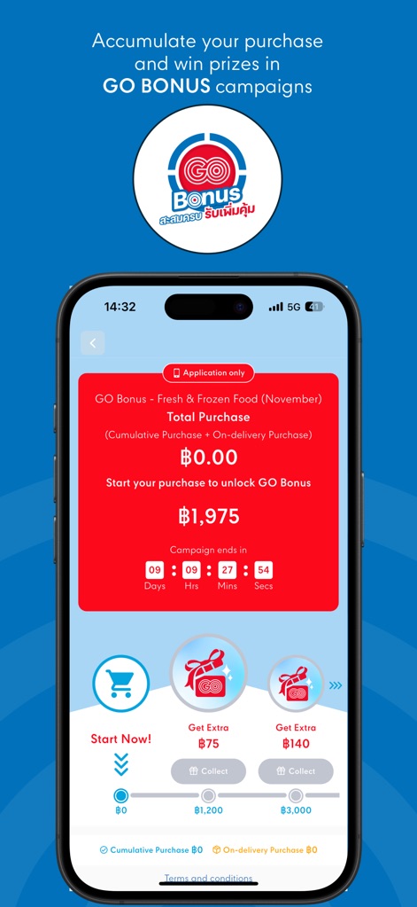 GO WHOLESALE - This screen highlights the GO BONUS cumulative purchase program, enabling users to track their progress and collect valuable 'Get Extra' rewards upon reaching purchase thresholds.