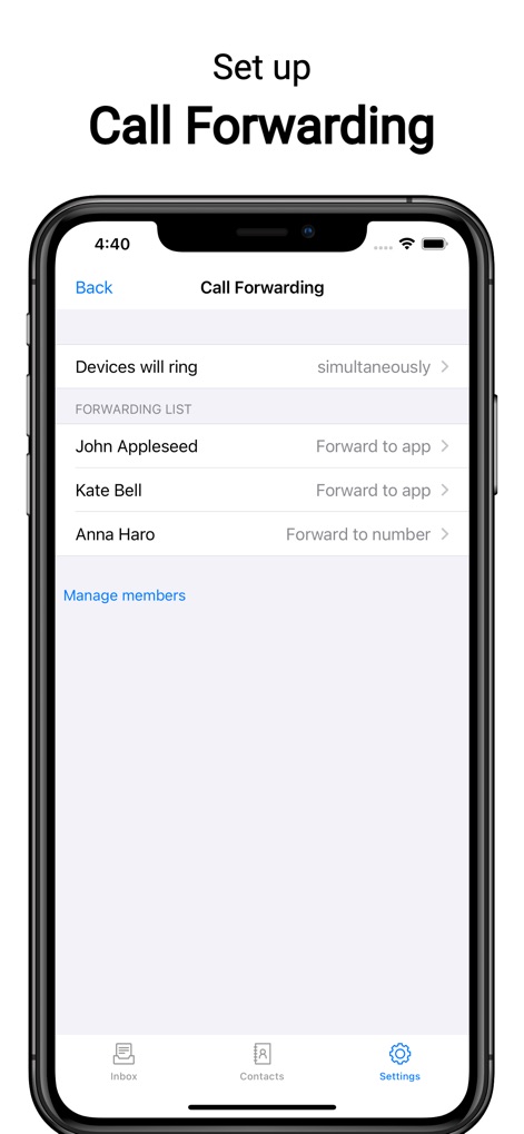Second Phone Number: Text Call - Configure flexible call forwarding rules, including simultaneous ringing and redirecting calls to specific team members or external numbers.