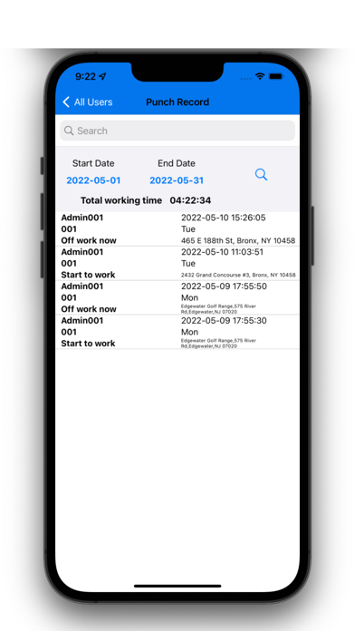 Enterprise Punch Card-Timecard Screenshot