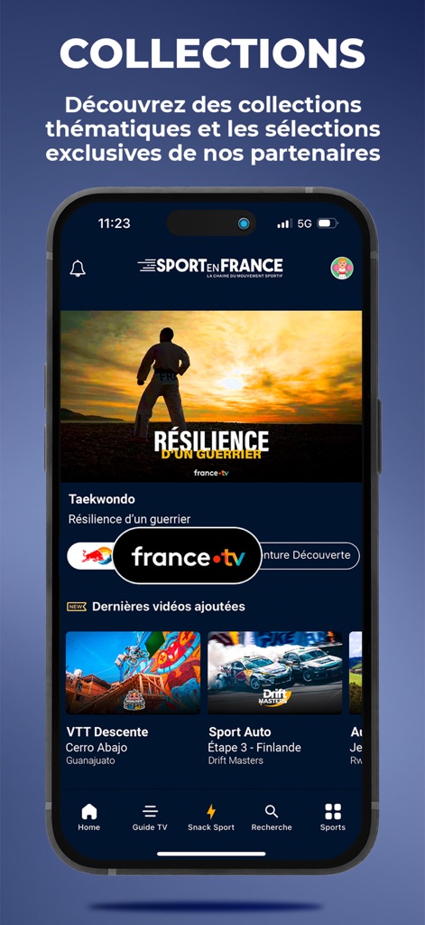 Sport en France - The app organizes content into engaging thematic 'Collections' like 'Résilience d'un guerrier' and provides a dedicated 'Dernières vidéos ajoutées' section to highlight the newest additions.