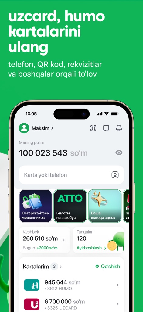 Paynet.uz - Users can navigate the clean main dashboard, featuring a clear display of their current balance and seamlessly linked Uzcard and HUMO payment cards.