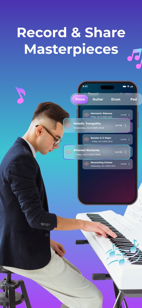 Trioplay: Piano - Learn & Game - Review saved musical pieces in an organized list, categorizing compositions by instrument with dedicated Piano, Guitar, Drum, and Pad tabs.