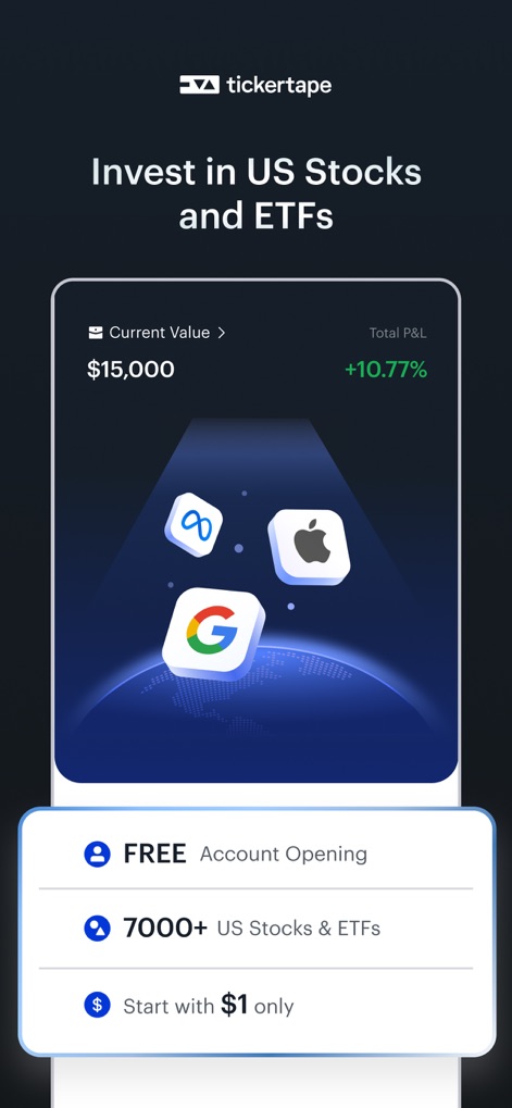 Tickertape: US & Indian Stocks - Nutzer können ihr Engagement in den US-Märkten überblicken, mit der Anzeige des aktuellen Werts und der Gesamtgewinn- oder -verlustrechnung und der Hervorhebung von über 7.000 US-Aktien und ETFs, die ab nur 1 US-Dollar verfügbar sind.