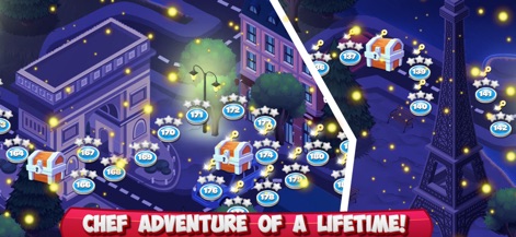 Cooking Mastery: Kitchen Games - Esta captura revela un mapa nocturno de una ciudad europea con puntos de referencia icónicos como la Torre Eiffel, donde los niveles y cofres prometen una emocionante progresión.