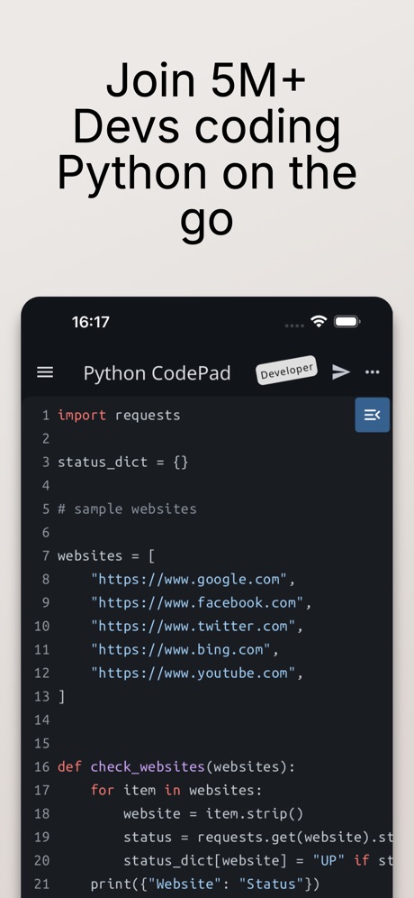 Python Coding Editor & IDE App App Store screenshot 1, headline “Join 5M+ Devs coding Python on the go”. Uses a number.