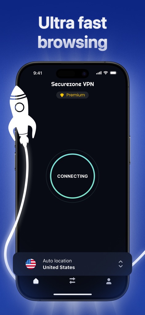 VPN Super Fast Securezone Best - Esta captura exibe o status de "CONNECTING" da VPN, simbolizado por um ícone de foguete à esquerda, indicando a velocidade da conexão.