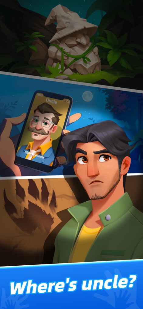 Mystery Town: Merge Games - A crucial plot point is highlighted through a phone displaying an "Uncle" call and ominous claw marks, deepening the game's central mystery.
