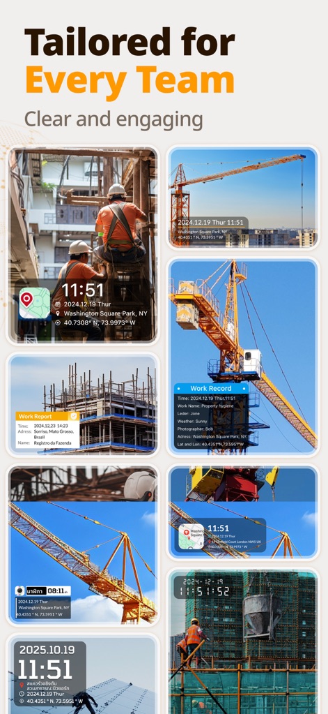 Timestamp Camera Time & GPS - Die Galerie zeigt eine Vielzahl von Fotos mit unterschiedlichen, professionellen Stempelvorlagen, die detaillierte Zeit-, Datums- und GPS-Informationen sowie anpassbare Feld-Tools abbilden.