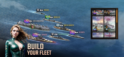 Uboat Attack - Users can assemble an impressive naval armada, featuring a diverse array of warships in formation and a comprehensive roster displaying specific ship names like the Yamato and HMS Hood.
