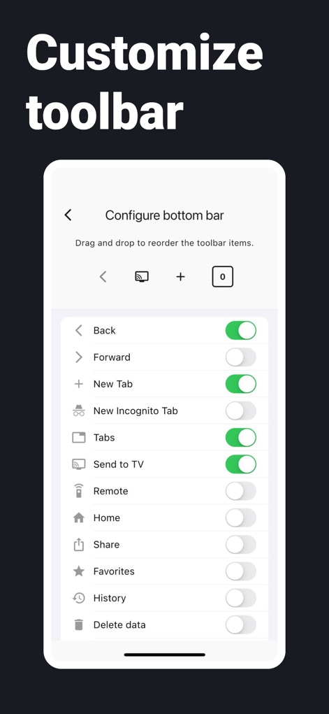 BROWSER with TV Remote - Discover how users can personalize the app's bottom bar, with options to reorder items and toggle on/off key features like 'Send to TV' and 'Remote' access.