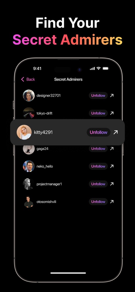 Unfollow Tracker & Reports - Discover your secret admirers in the elegant dark mode, with options to unfollow unwanted profiles or visit their Instagram page.