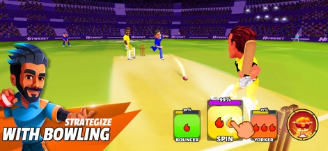 HITWICKET Cricket Game 2026 - Master the art of bowling with an intuitive control interface offering diverse options like 'Spin' and 'Yorker', complemented by strategic percentage indicators for precision.
