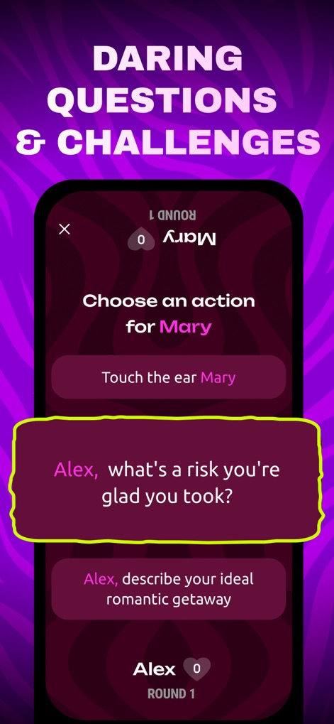 Couples Games: Spicy Challenge - Nutzer entdecken hier eine Vielzahl von "Daring Questions & Challenges", die von physischen Aktionen bis zu tiefgründigen Fragen reichen und in der "Round 1" angezeigt werden.