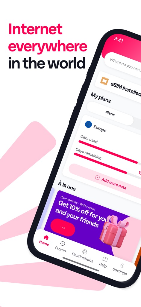 GoMoWorld: Travel eSIM | Data - The app provides users with a clear "My plans" overview, showcasing current data usage for regions like "Europe" and days remaining.