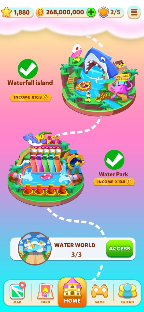 Carnival Tycoon: Coin Games - Users can explore and unlock various themed islands, such as Waterfall Island and a multi-level Water Park, progressively expanding their tycoon empire and increasing revenue potential.