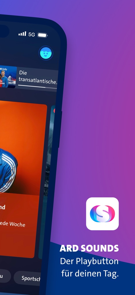 ARD Sounds - This visual highlights the distinctive ARD Sounds logo and the intuitive interface design, allowing users to effortlessly scroll through diverse content options.