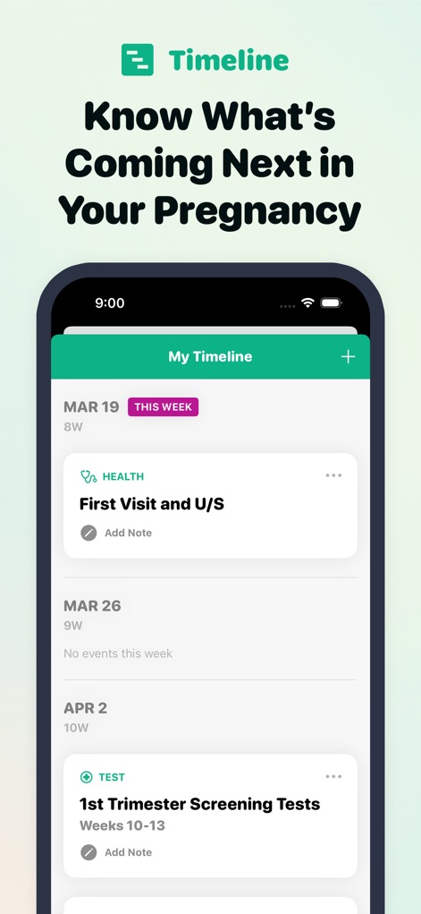 Pregnancy Tracker - Due Date - This tool offers a clear pregnancy timeline, highlighting upcoming health events and key milestones like the "First Visit and U/S."