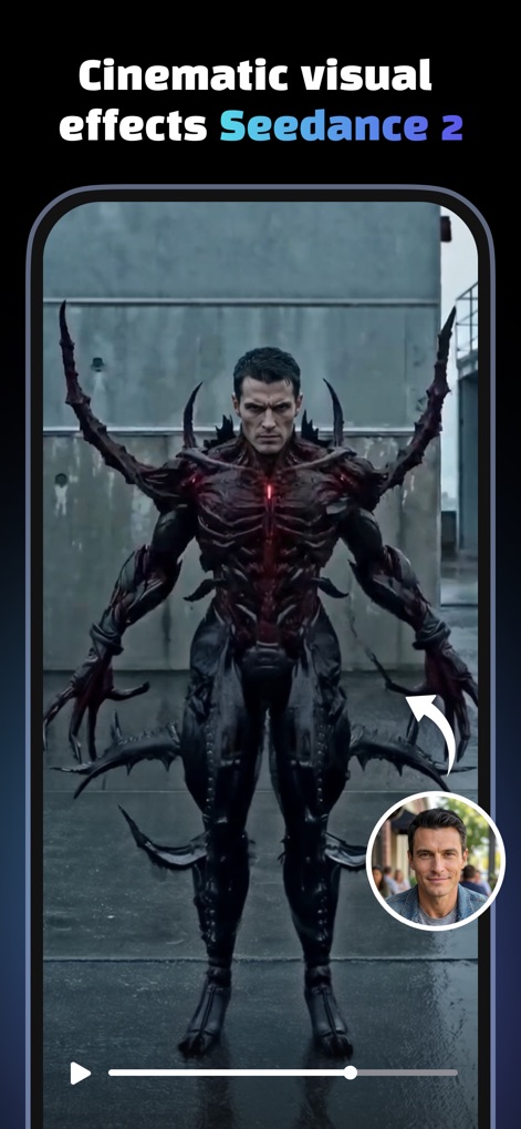 Creati: Gen AI Content Creator - See how Creati transforms an ordinary portrait into a dramatic character with intricate visual effects and seamless face integration.