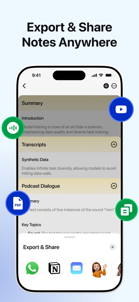 AI Notebook: Smart Note Taker - See how the app facilitates seamless content distribution, offering versatile export options like PDFs and Transcripts, and integrating with popular sharing platforms.
