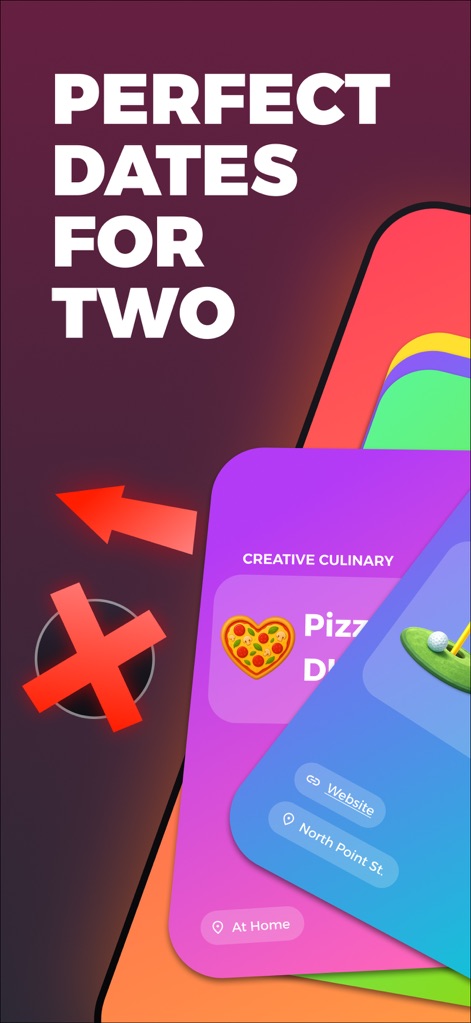 Lovio - Couples App & Widgets - Discover how the app helps curate ideal dates, showcasing a "Pizza Date" card with direct links and an intuitive "X" to dismiss unwanted suggestions.