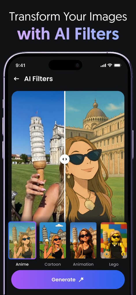 AI Video, Pic Generator・Filter - Die App ermöglicht die Transformation von Bildern mit KI-Filtern, wie der Vorher-Nachher-Ansicht eines Monuments und einer Person, die in einen Cartoon-Stil umgewandelt wurden.