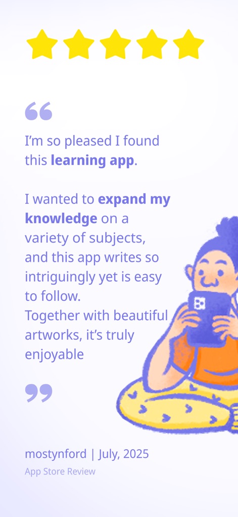 Nerdish: Daily Smart Learning - Discover user satisfaction through glowing testimonials, highlighting the "five stars" rating and appreciation for the app's "beautiful artworks" and engaging content.