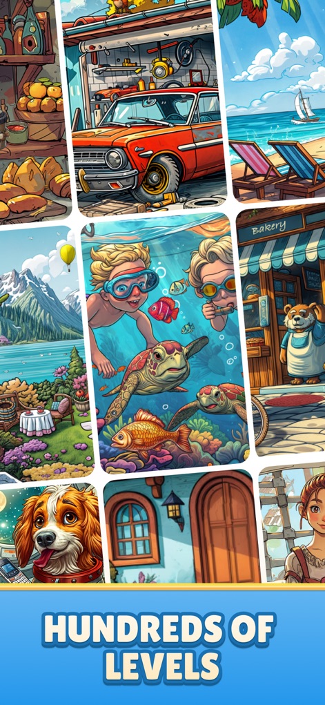 Find Master - Spot Differences - 本アプリは、ガレージにあるクラシックカーや海中の鮮やかな生き物、息をのむような山岳風景といった、ユーザーを飽きさせない多様なテーマのパズルギャラリーを提供します。