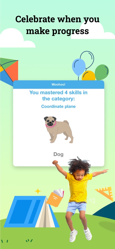 IXL - Math, English, & More - Ao dominar novas habilidades, como "Coordinate plane", o aplicativo celebra as conquistas do usuário com mensagens positivas e prêmios visuais, como a imagem de um cachorro animado.