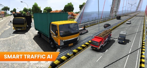 Truck Simulator Indonesia - Witness the intelligent traffic AI and varied road scenarios, including diverse vehicle types and detailed bridge structures.