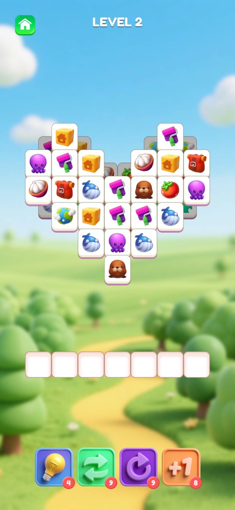 Tile Triple Match: 3D puzzle - Los usuarios interactúan con una disposición de fichas en forma de corazón, emparejando elementos 3D como pulpos y cubos, asistidos por los potenciadores estratégicamente ubicados en la parte inferior.