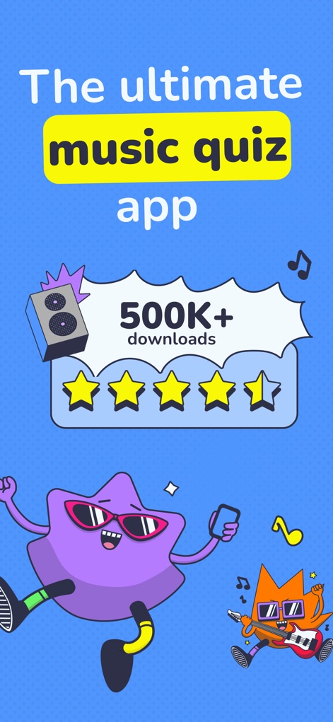 Mukiz - Guess the song - Esta tela inicial destaca a popularidade do aplicativo com a marca de "500K+ downloads" e uma impressionante "classificação de 4.5 estrelas" por parte dos usuários.