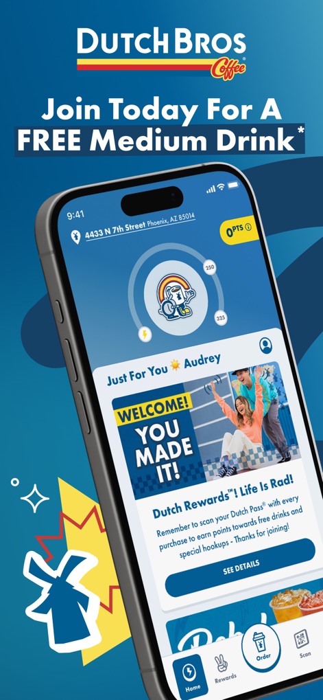 Dutch Bros - The app's main dashboard clearly displays a user's current points balance and provides a prominent welcome banner for new users.