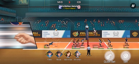 Volley Girls:High School Story - L'application offre un contrôle réactif avec des options de service et de passe précises, et affiche les portraits des joueuses actives pour une gestion d'équipe en temps réel.