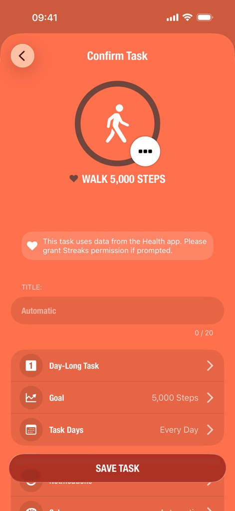 Streaks - Refine habit tracking with granular control, as shown by the customizable task icon for "WALK 5,000 STEPS" and clear options for setting daily goals and task types.